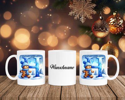 Personalisierte Keramik-Tasse in Weiß-mit Lebkuchen Blau-Alphabet & Namen