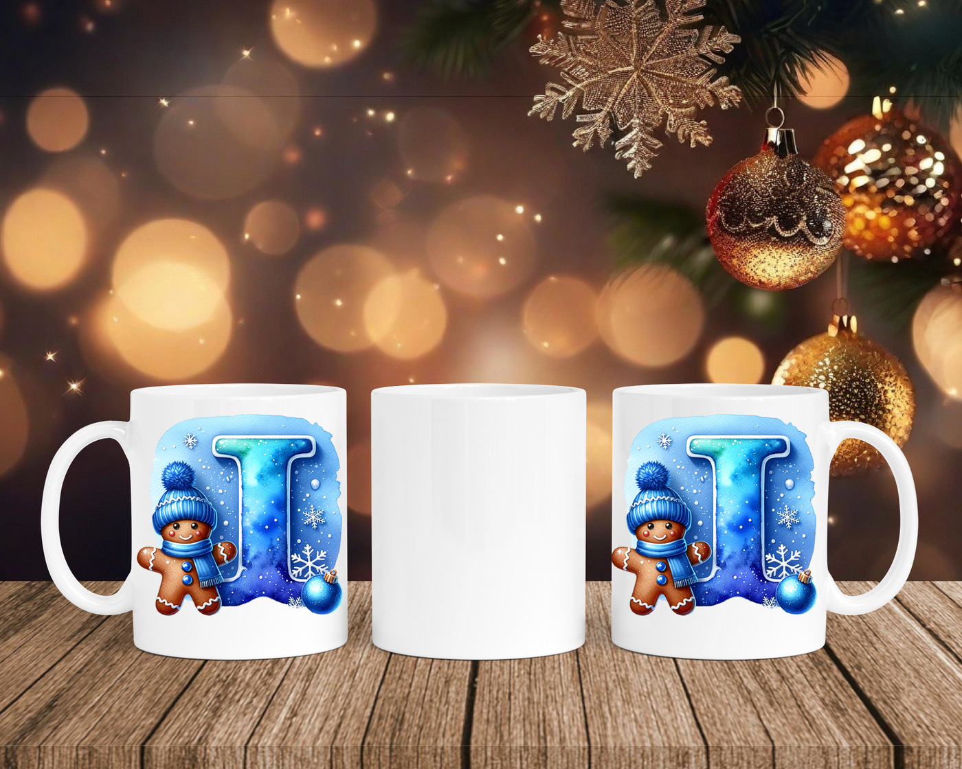 Personalisierte Keramik-Tasse in Weiß-mit Lebkuchen Blau-Alphabet & Namen