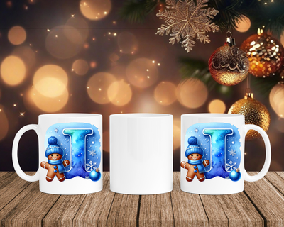 Personalisierte Keramik-Tasse in Weiß-mit Lebkuchen Blau-Alphabet & Namen