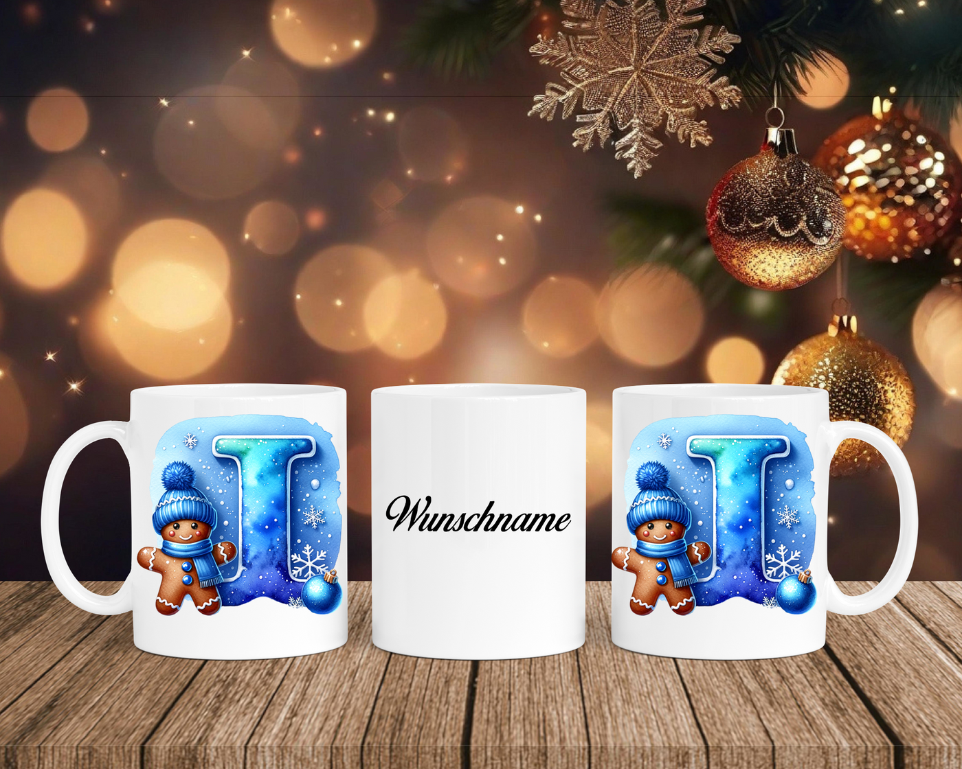 Personalisierte Keramik-Tasse in Weiß-mit Lebkuchen Blau-Alphabet & Namen