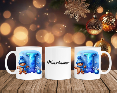 Personalisierte Keramik-Tasse in Weiß-mit Lebkuchen Blau-Alphabet & Namen
