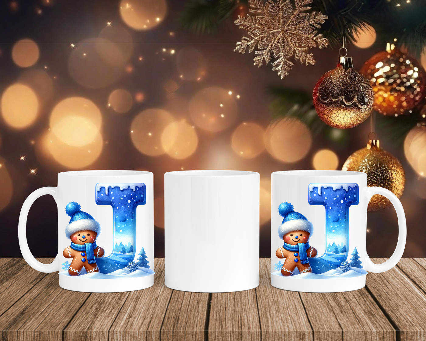 Personalisierte Keramik-Tasse in Weiß-mit Lebkuchen Blau-Alphabet & Namen