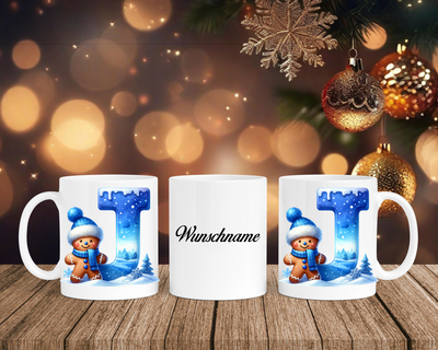 Personalisierte Keramik-Tasse in Weiß-mit Lebkuchen Blau-Alphabet & Namen