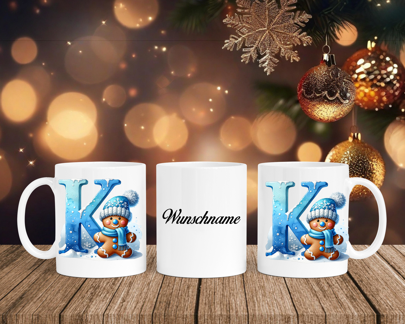 Personalisierte Keramik-Tasse in Weiß-mit Lebkuchen Blau-Alphabet & Namen
