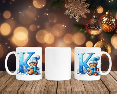 Personalisierte Keramik-Tasse in Weiß-mit Lebkuchen Blau-Alphabet & Namen