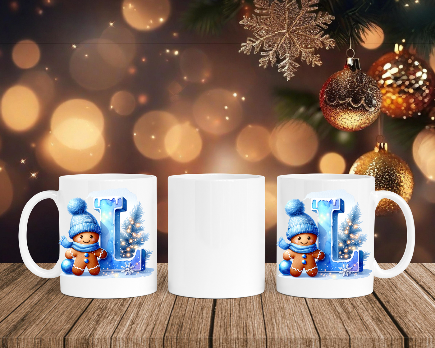 Personalisierte Keramik-Tasse in Weiß-mit Lebkuchen Blau-Alphabet & Namen