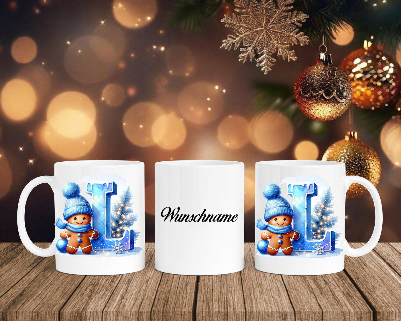 Personalisierte Keramik-Tasse in Weiß-mit Lebkuchen Blau-Alphabet & Namen