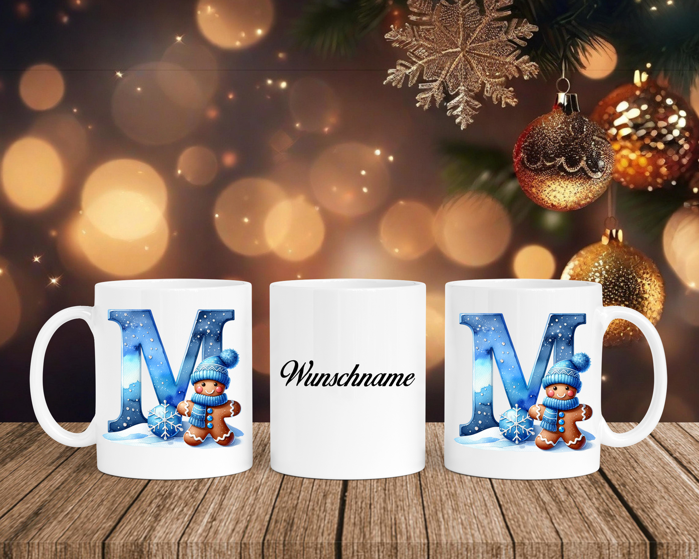 Personalisierte Keramik-Tasse in Weiß-mit Lebkuchen Blau-Alphabet & Namen