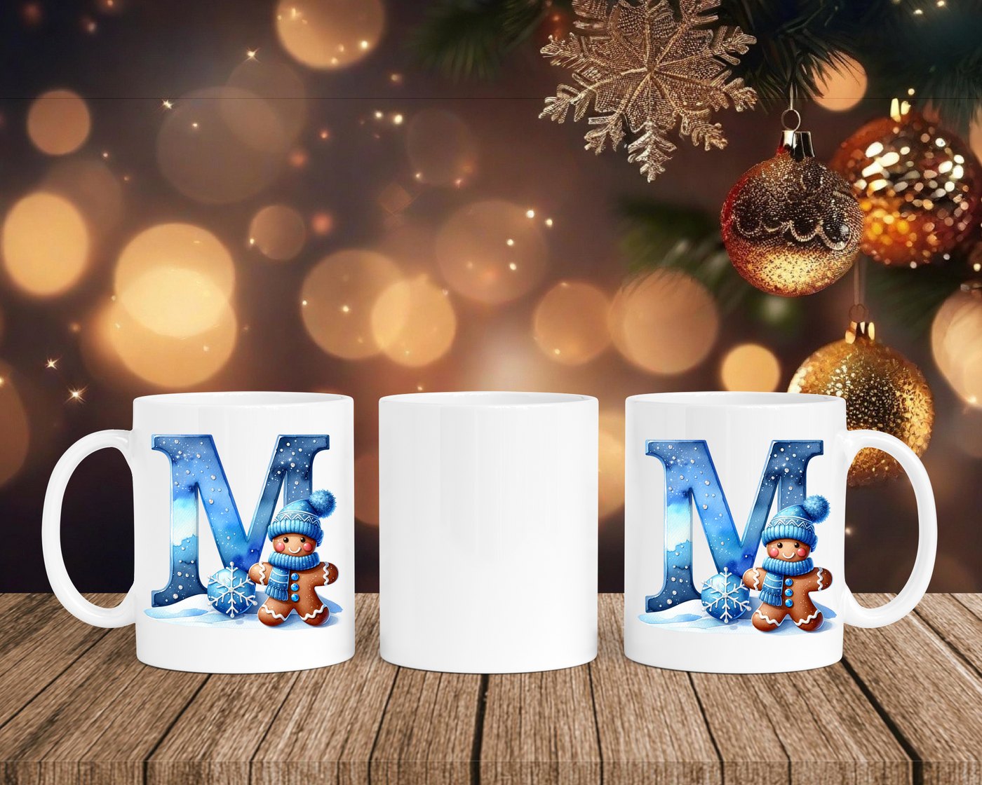Personalisierte Keramik-Tasse in Weiß-mit Lebkuchen Blau-Alphabet & Namen