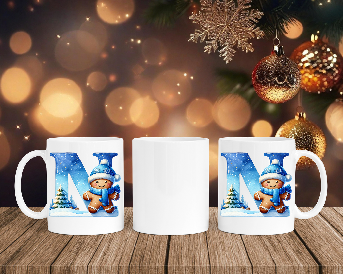 Personalisierte Keramik-Tasse in Weiß-mit Lebkuchen Blau-Alphabet & Namen