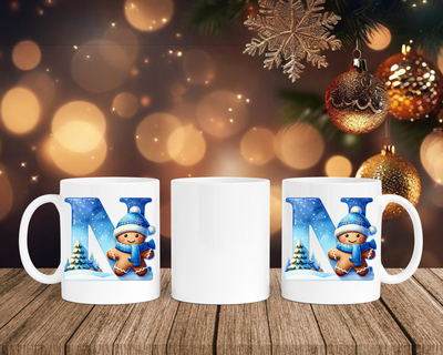 Personalisierte Keramik-Tasse in Weiß-mit Lebkuchen Blau-Alphabet & Namen