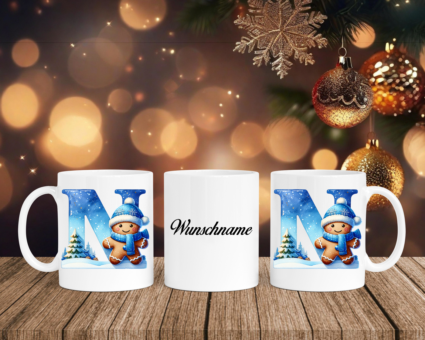 Personalisierte Keramik-Tasse in Weiß-mit Lebkuchen Blau-Alphabet & Namen