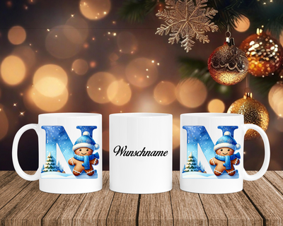 Personalisierte Keramik-Tasse in Weiß-mit Lebkuchen Blau-Alphabet & Namen