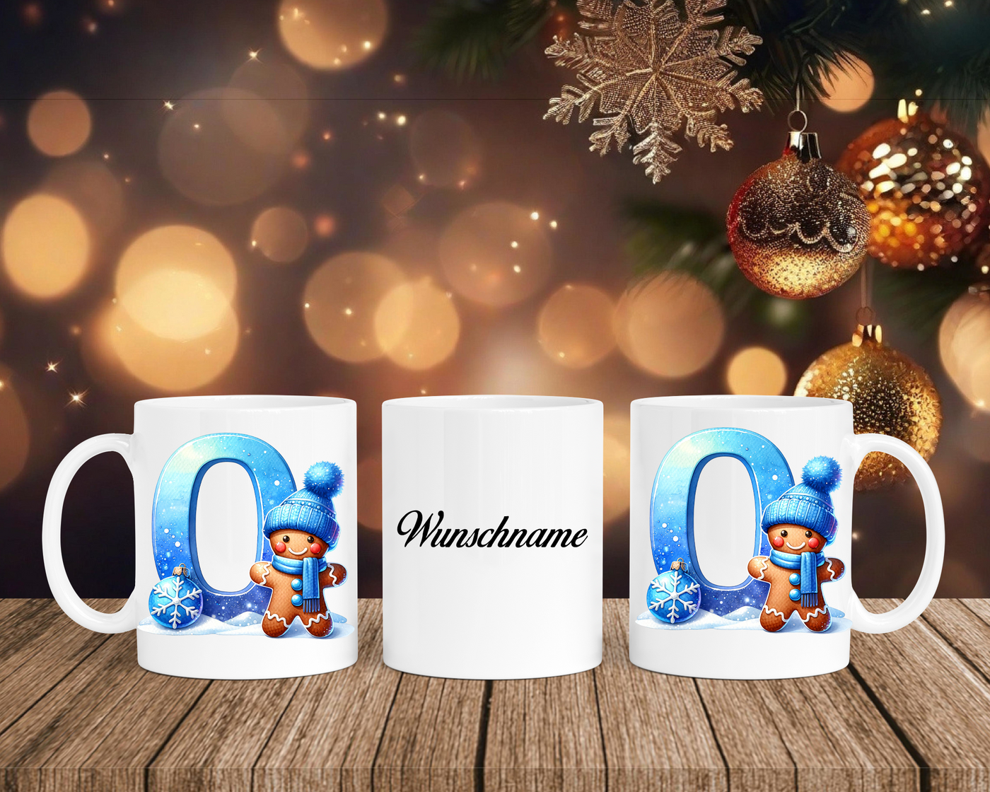 Personalisierte Keramik-Tasse in Weiß-mit Lebkuchen Blau-Alphabet & Namen