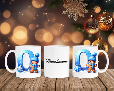 Personalisierte Keramik-Tasse in Weiß-mit Lebkuchen Blau-Alphabet & Namen