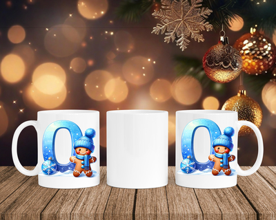 Personalisierte Keramik-Tasse in Weiß-mit Lebkuchen Blau-Alphabet & Namen