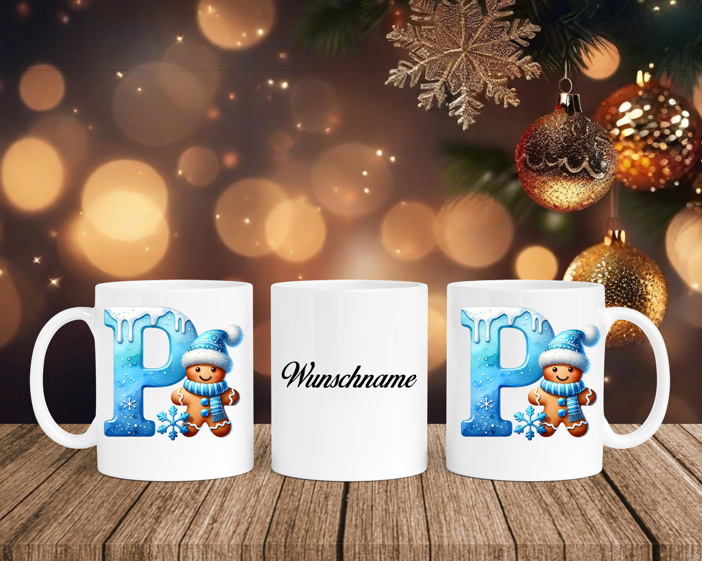 Personalisierte Keramik-Tasse in Weiß-mit Lebkuchen Blau-Alphabet & Namen