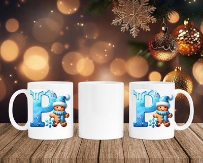 Personalisierte Keramik-Tasse in Weiß-mit Lebkuchen Blau-Alphabet & Namen