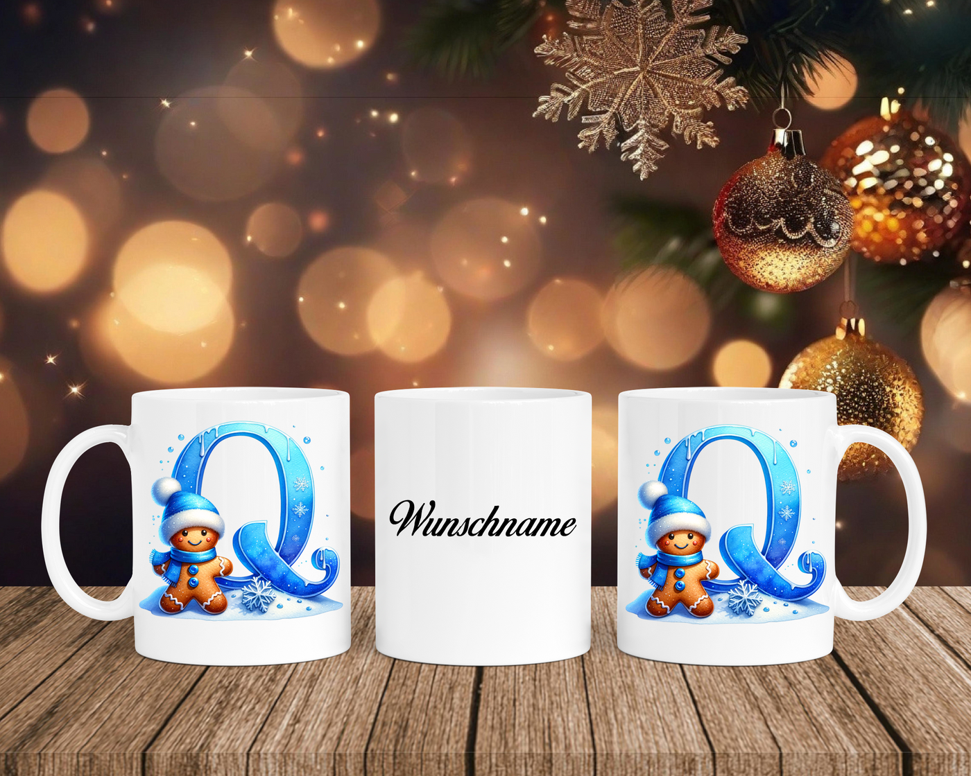 Personalisierte Keramik-Tasse in Weiß-mit Lebkuchen Blau-Alphabet & Namen
