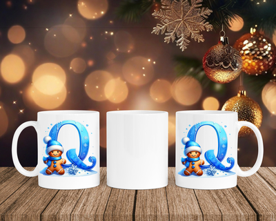 Personalisierte Keramik-Tasse in Weiß-mit Lebkuchen Blau-Alphabet & Namen