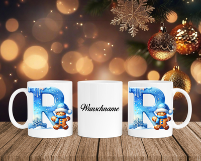 Personalisierte Keramik-Tasse in Weiß-mit Lebkuchen Blau-Alphabet & Namen