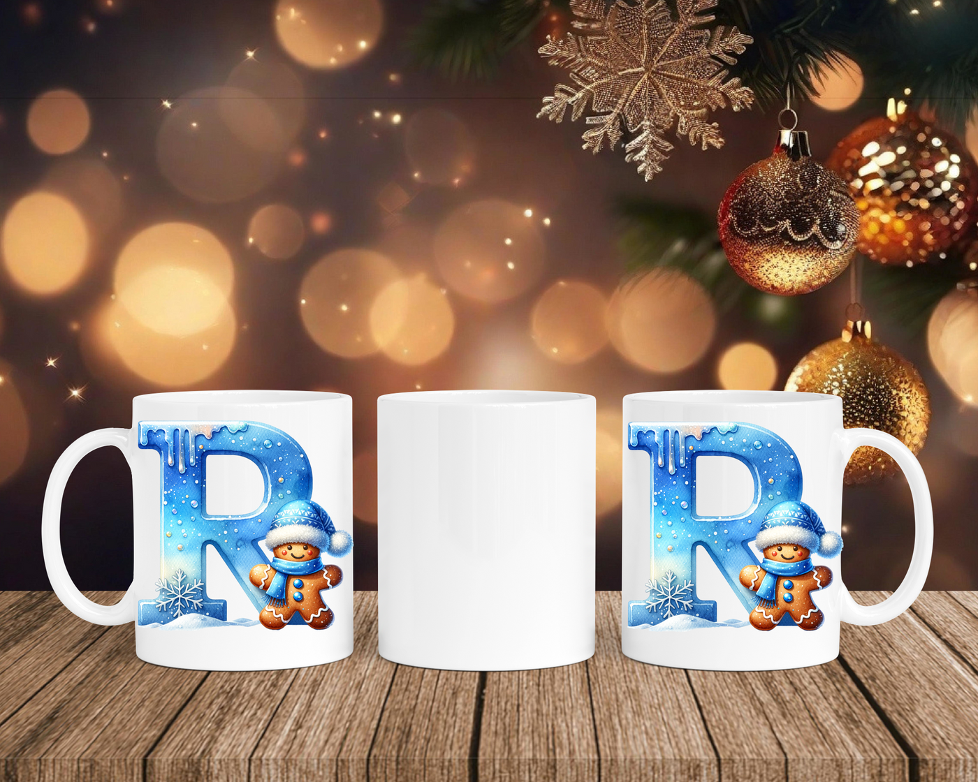 Personalisierte Keramik-Tasse in Weiß-mit Lebkuchen Blau-Alphabet & Namen