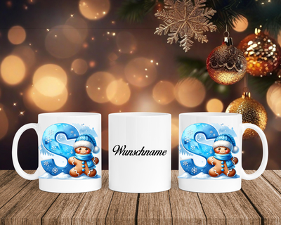 Personalisierte Keramik-Tasse in Weiß-mit Lebkuchen Blau-Alphabet & Namen