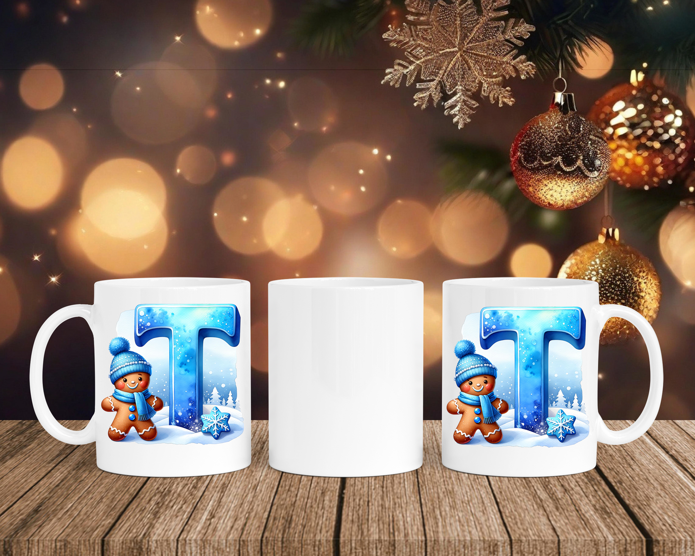 Personalisierte Keramik-Tasse in Weiß-mit Lebkuchen Blau-Alphabet & Namen