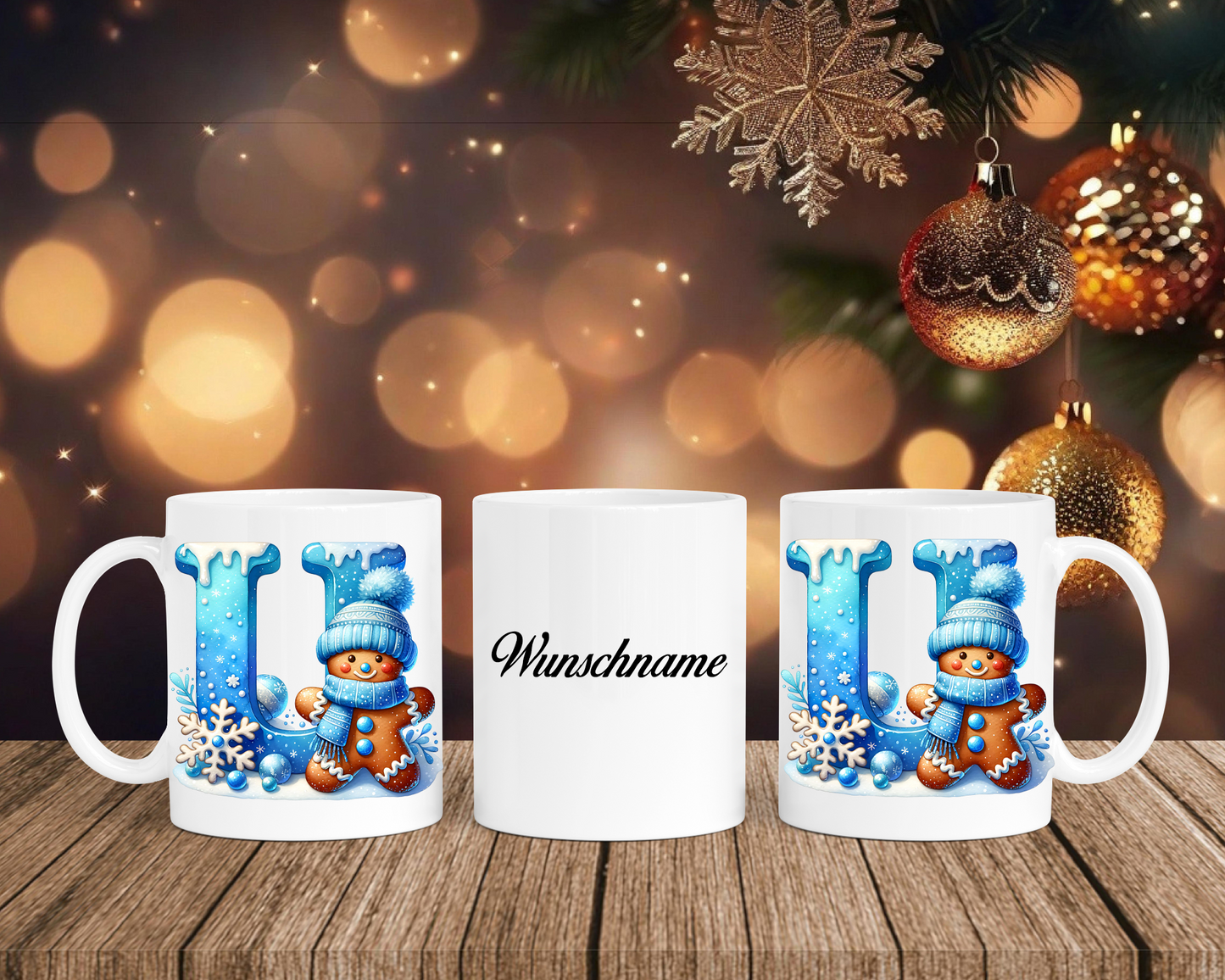 Personalisierte Keramik-Tasse in Weiß-mit Lebkuchen Blau-Alphabet & Namen