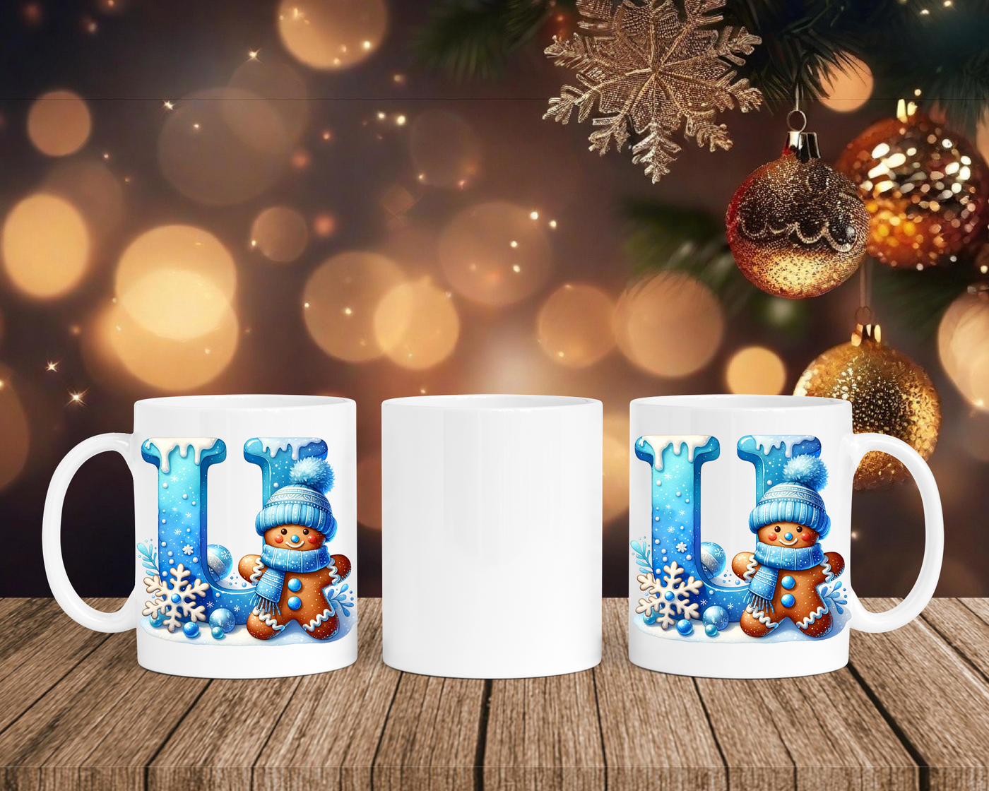 Personalisierte Keramik-Tasse in Weiß-mit Lebkuchen Blau-Alphabet & Namen