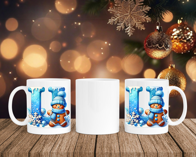 Personalisierte Keramik-Tasse in Weiß-mit Lebkuchen Blau-Alphabet & Namen