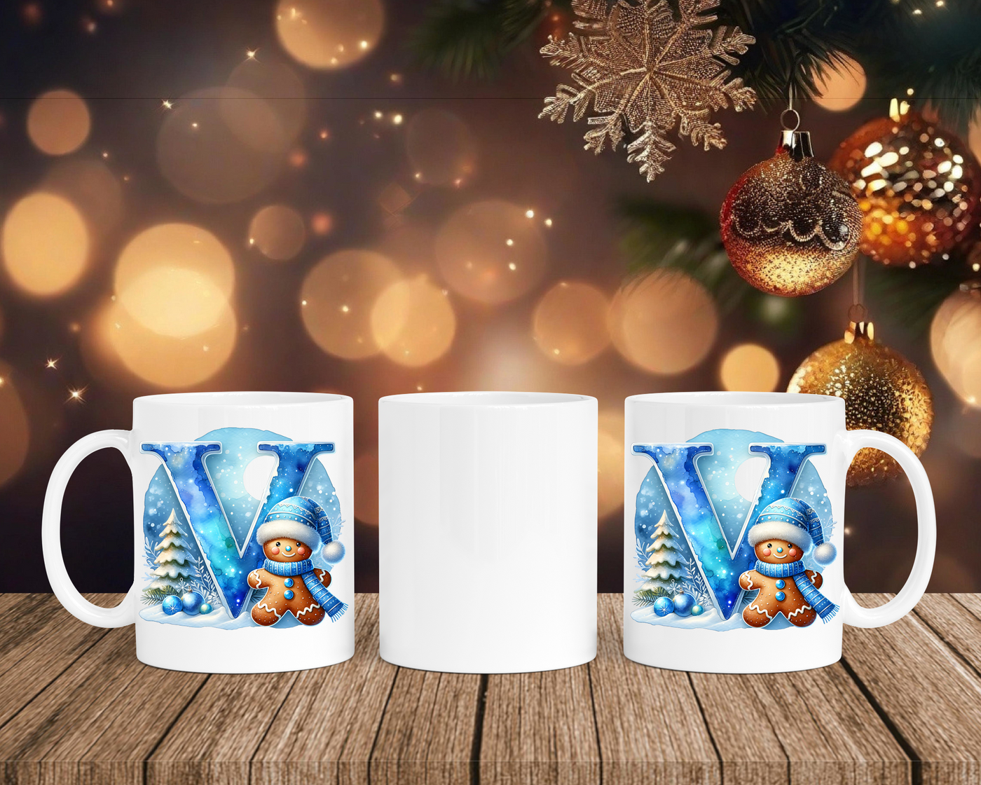 Personalisierte Keramik-Tasse in Weiß-mit Lebkuchen Blau-Alphabet & Namen