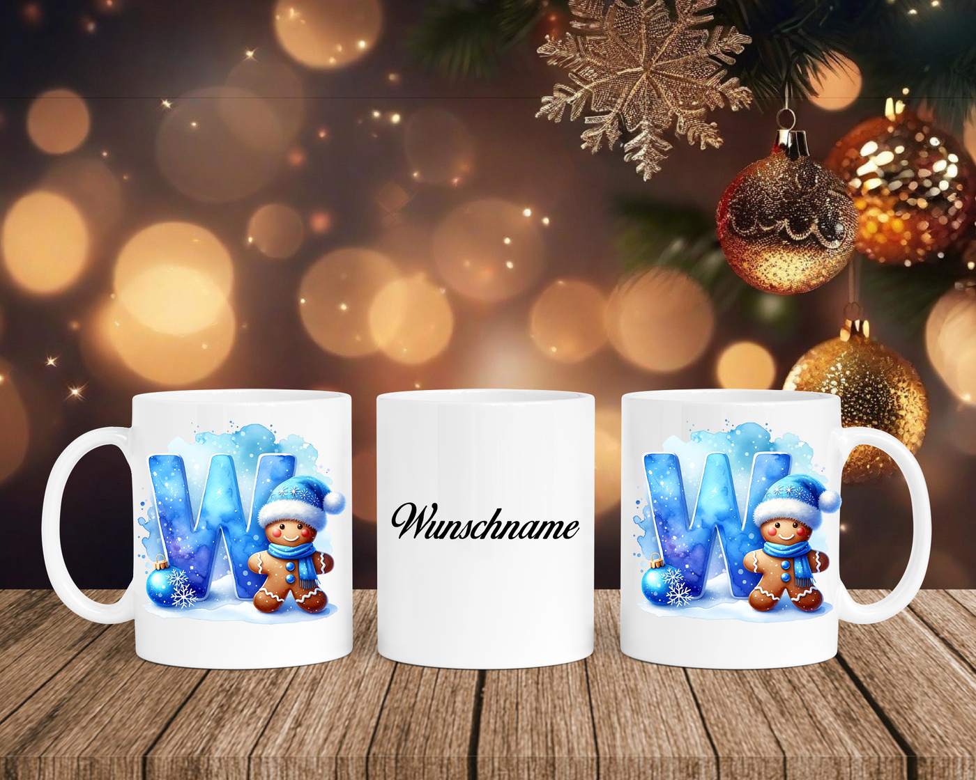 Personalisierte Keramik-Tasse in Weiß-mit Lebkuchen Blau-Alphabet & Namen