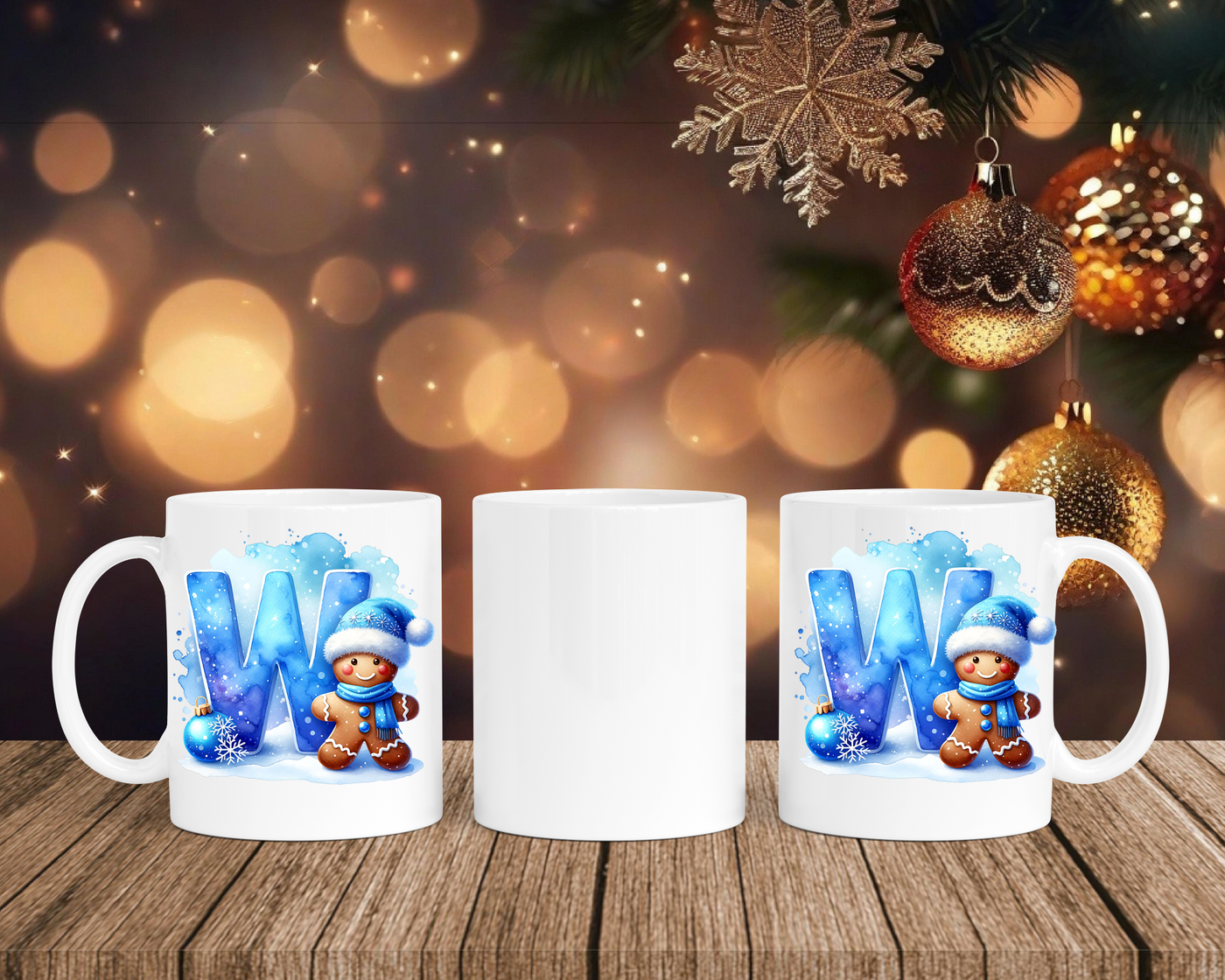Personalisierte Keramik-Tasse in Weiß-mit Lebkuchen Blau-Alphabet & Namen