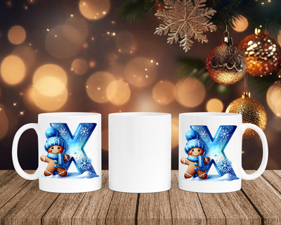 Personalisierte Keramik-Tasse in Weiß-mit Lebkuchen Blau-Alphabet & Namen