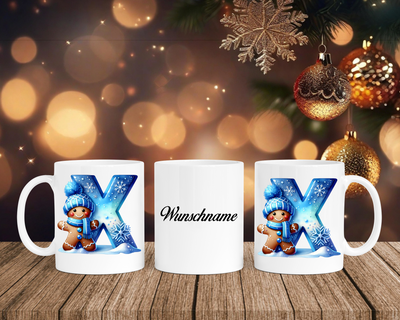 Personalisierte Keramik-Tasse in Weiß-mit Lebkuchen Blau-Alphabet & Namen