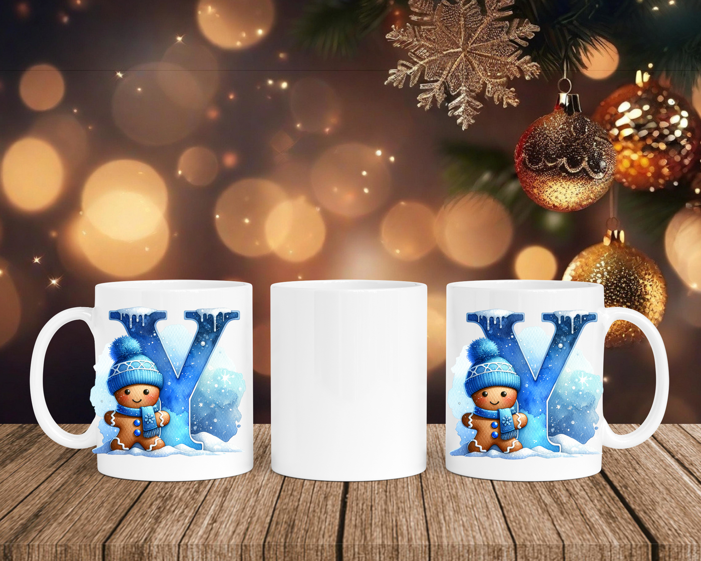 Personalisierte Keramik-Tasse in Weiß-mit Lebkuchen Blau-Alphabet & Namen