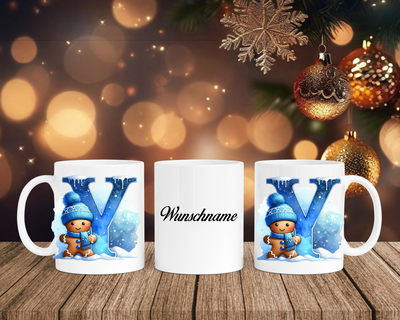 Personalisierte Keramik-Tasse in Weiß-mit Lebkuchen Blau-Alphabet & Namen