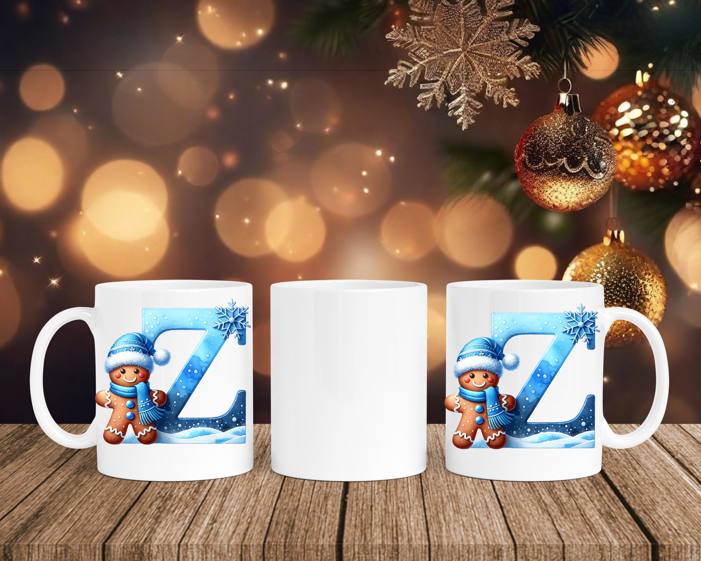 Personalisierte Keramik-Tasse in Weiß-mit Lebkuchen Blau-Alphabet & Namen