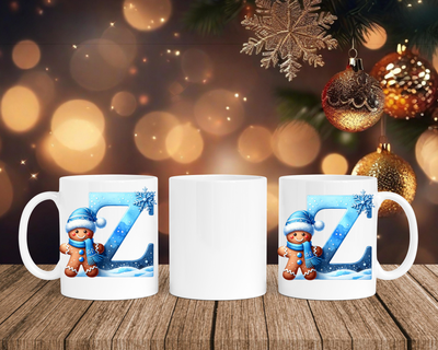Personalisierte Keramik-Tasse in Weiß-mit Lebkuchen Blau-Alphabet & Namen