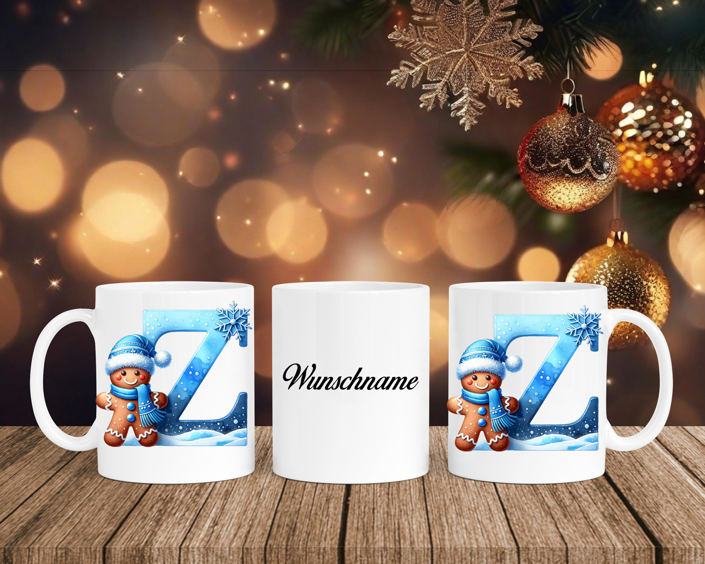Personalisierte Keramik-Tasse in Weiß-mit Lebkuchen Blau-Alphabet & Namen
