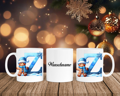 Personalisierte Keramik-Tasse in Weiß-mit Lebkuchen Blau-Alphabet & Namen