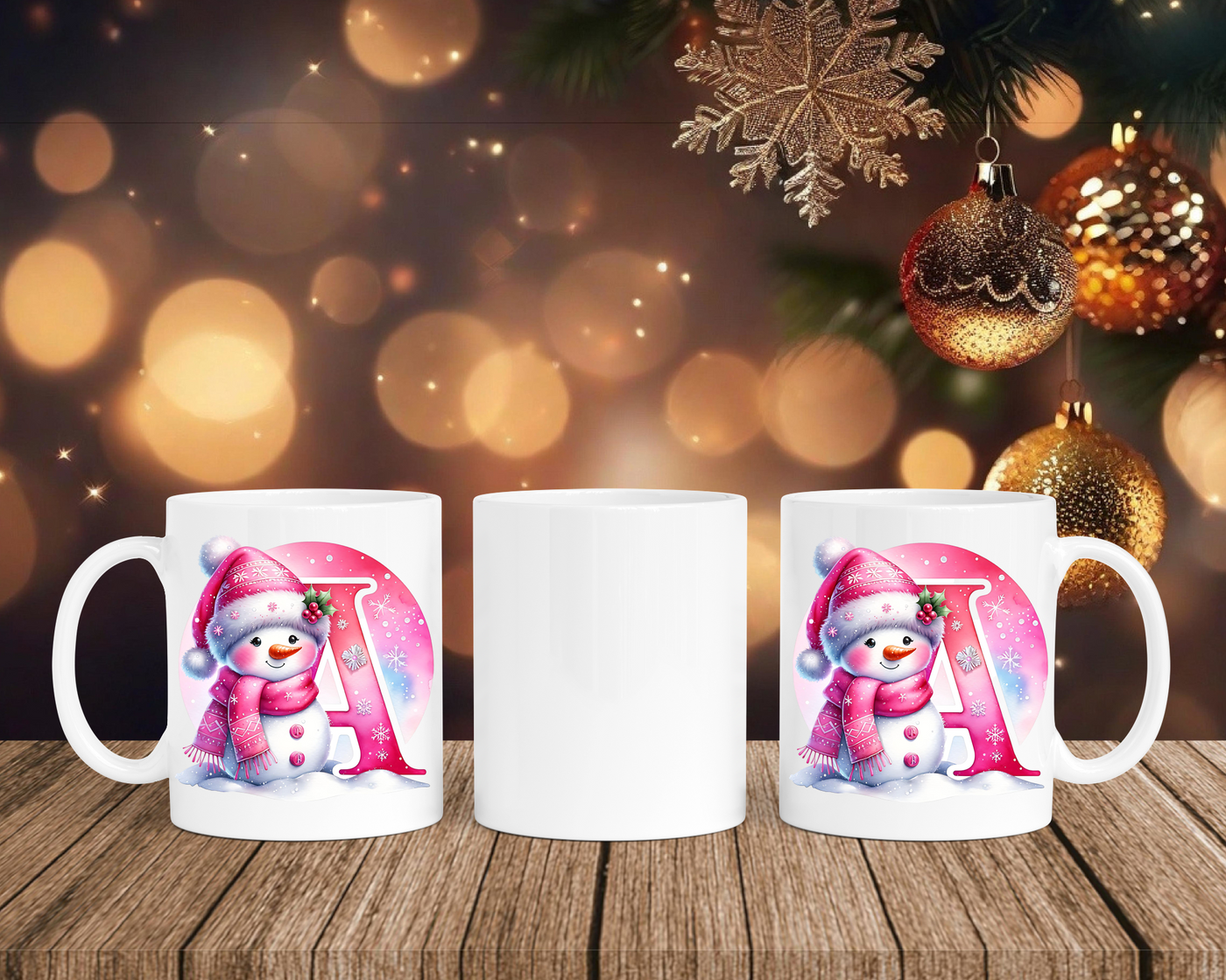 Personalisierte Keramik-Tasse in Weiß-mit Schneemann Rosa-Alphabet & Namen