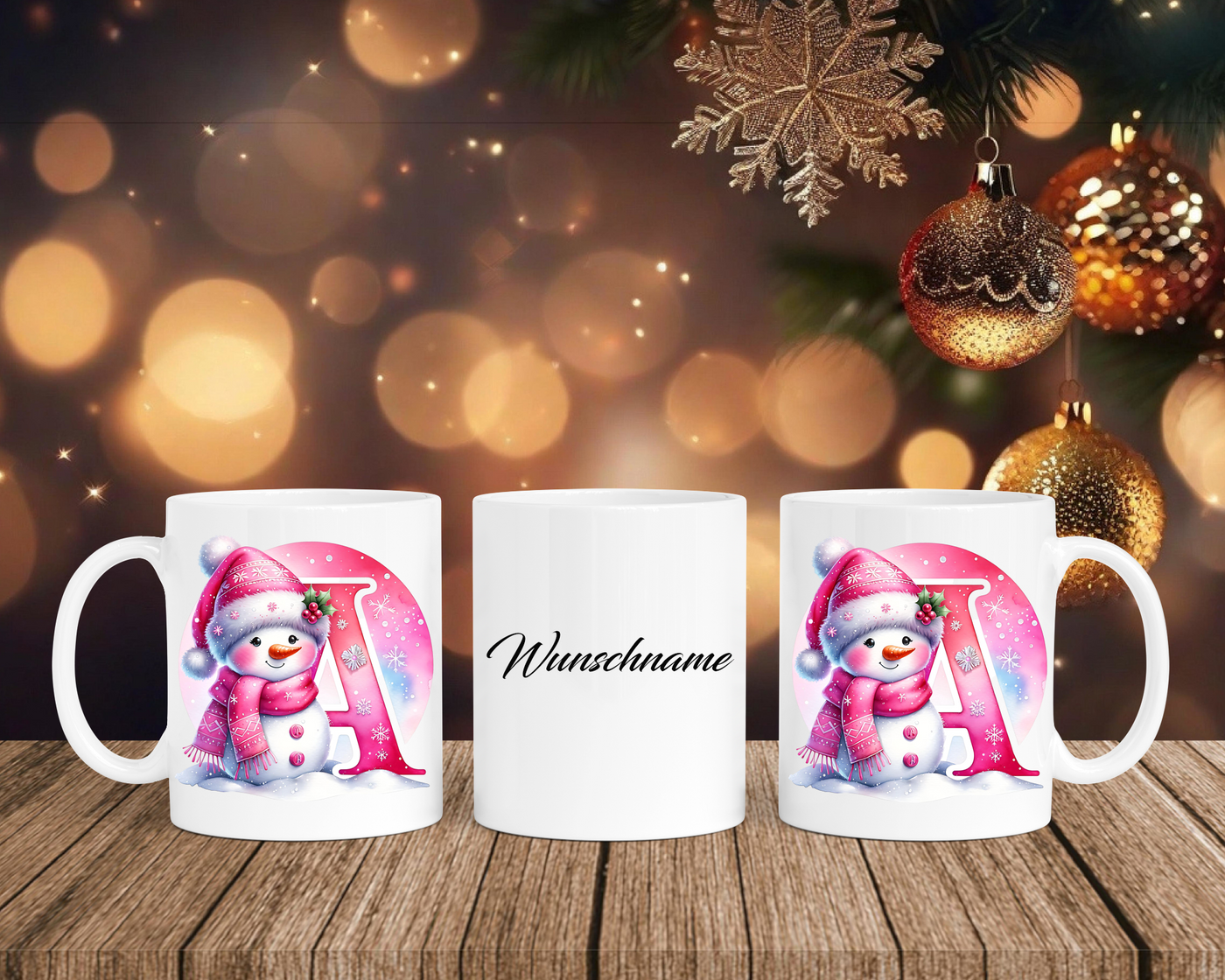 Personalisierte Keramik-Tasse in Weiß-mit Schneemann Rosa-Alphabet & Namen