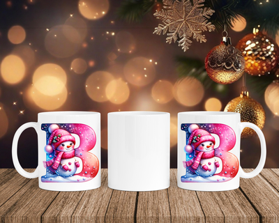 Personalisierte Keramik-Tasse in Weiß-mit Schneemann Rosa-Alphabet & Namen