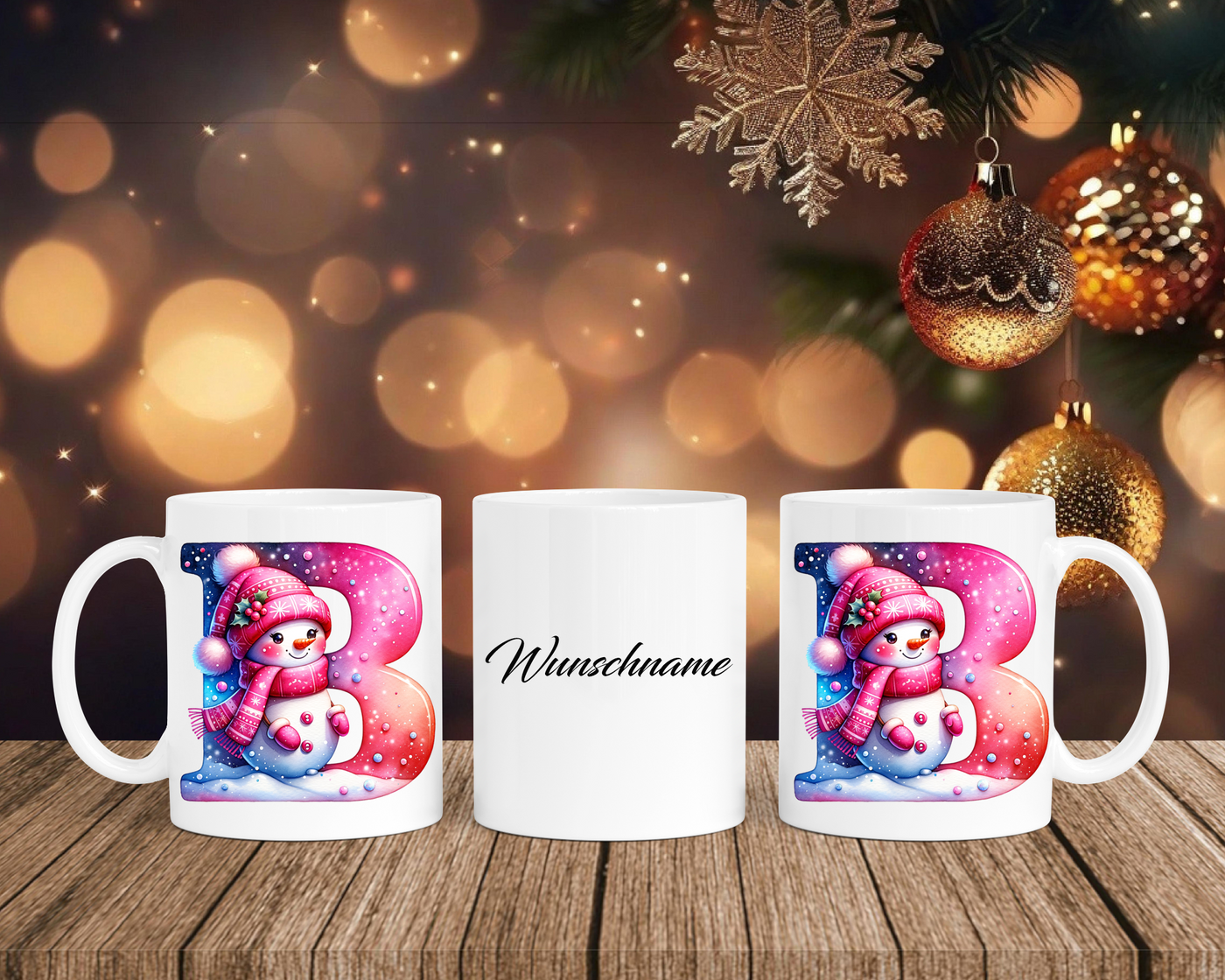 Personalisierte Keramik-Tasse in Weiß-mit Schneemann Rosa-Alphabet & Namen