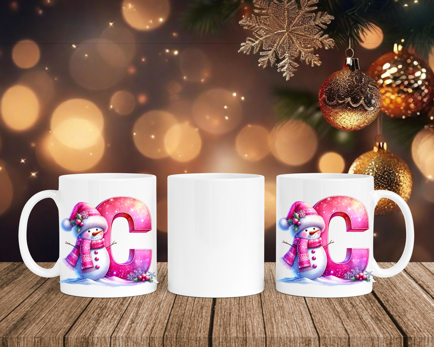 Personalisierte Keramik-Tasse in Weiß-mit Schneemann Rosa-Alphabet & Namen