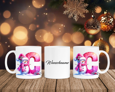 Personalisierte Keramik-Tasse in Weiß-mit Schneemann Rosa-Alphabet & Namen
