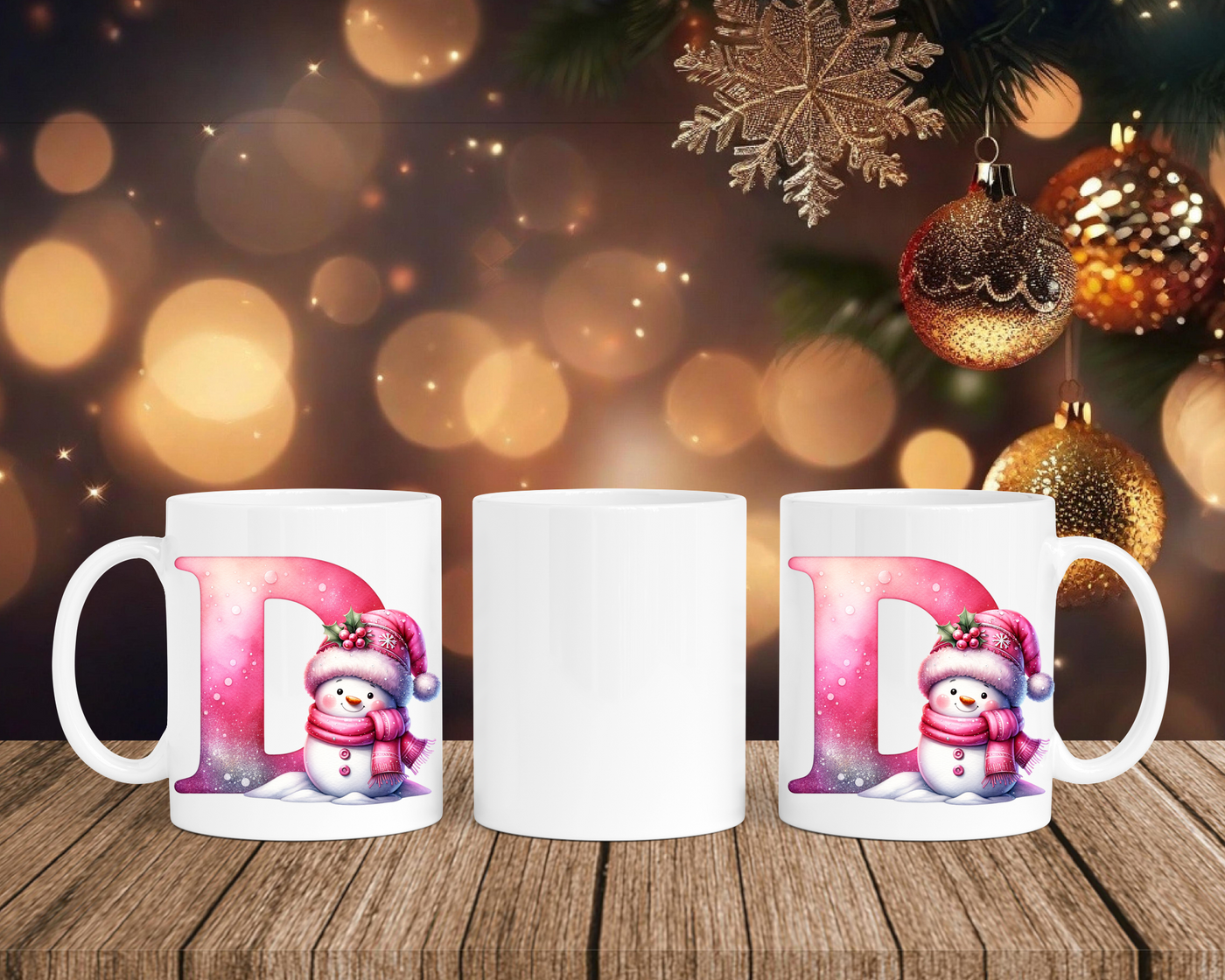 Personalisierte Keramik-Tasse in Weiß-mit Schneemann Rosa-Alphabet & Namen