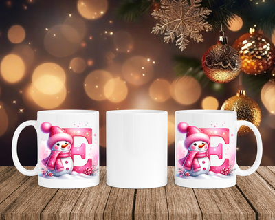 Personalisierte Keramik-Tasse in Weiß-mit Schneemann Rosa-Alphabet & Namen